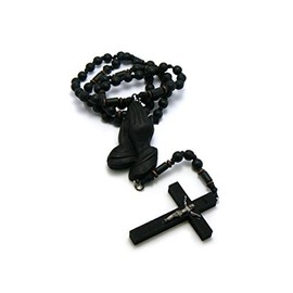 NYFASHION101 3D Praying Hands and Crucifix Cross Pendant Wood Rosary Necklace, Black
