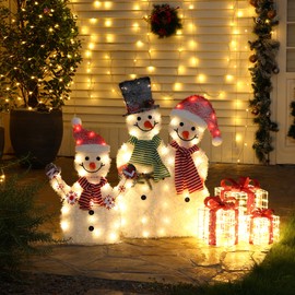 LuxenHome 30 Inch Snowman Family Christmas Outdoor Decorations, Flocked Snowman Family Christmas Decorations Outdoor and Indoor Holiday Display, Lighted Snowman Christmas Yard Decorations