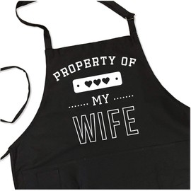 ApronMen, Property of My Wife Funny Aprons For Men with Adjustable Straps One Size Fits All BBQ Grilling Aprons With Pockets - Professionally Printed Gifts For Dad