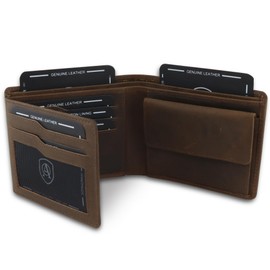 AKAROA Trifold Men's Genuine Cowhide Harry Wallet 9.5 x 11.5 cm with 15 Card Slots & Coin Compartment with Press Stud - Portrait Format Wallet with RFID Protection, Vintage Brown, Standard size