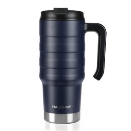 HAUSHOF Taza de viaje de 24 onzas, vaso de doble pared con aislamiento al aspiradora de acero inoxidable con asa y tapa abatible a prueba de derrames y boca ancha, sin BPA (azul marino)