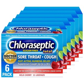 Chloraseptic Chloraseptic Total Sore Throat + Cough Lozenges, Sugar-Free Wild Cherry Flavor, 15 CT, 6 Pack