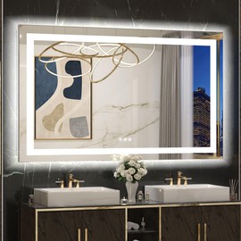 TETOTE Bathroom Mirror with Lights 48x30 Frontlit & Backlit Lighted Vanity Mirror Anti Fog Stepless Dimmable 3 Colors White/Warm/Natural,CRI90+ Double Lights,Wall-Mounted(Horizontal/Vertical)