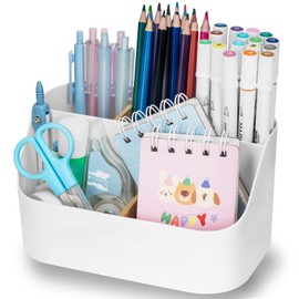 RISEMART Desk Organiser, White, Multifunctional Office Pen Holder with 5 Compartments, Removable Desk Organiser for Cosmetics, Stationery, Everyday Items