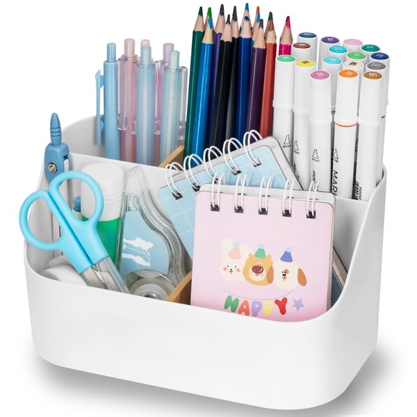 RISEMART Desk Organiser, White, Multifunctional Office Pen Holder with 5
