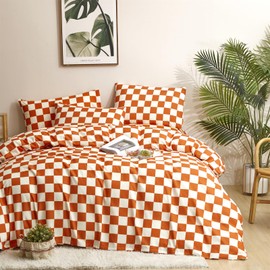Pureant Orange White Plaid Comforter Sets Full Women Girls Light Red Checkerboard Bedding Comforters Cotton Rust Caramel and White Checkered Geometric Quilts Adults Modern Grid Abstract Simple Bed