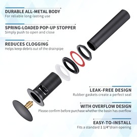HEATGENE Bathroom Sink Drain Matte Black, Pop Up Drain Stopper for Bathroom Sink, Bathroom Sink Drain Stopper Pop Up, Pop Up Drain with Overflow, Fits 1-1/2" Opening with a 1-1/4" Tailpiece