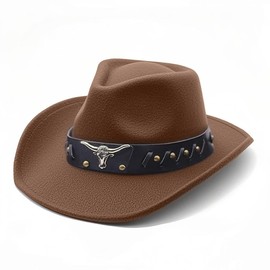 MYKAGS Cowboy Hat for Women and Men, Classic Womens Western Cowboy Cowgirl Hats with Wide Belt, Faux Fur Felt Cowgirl Hats Outdoor Wide Brim Rodeo Hat with Strap, Brown