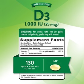 Nature's Truth Vitamin D3 1000 IU Softgels | High Potency Formula | 25 mcg | Non-GMO & Gluten Free Supplement