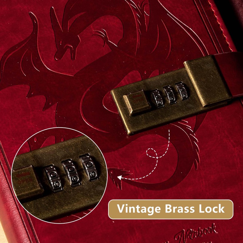 Dragon Leather Journal Notebook, Diary with Combination Lock, Lined/Blank Paper