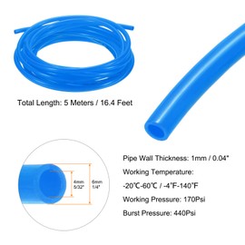 sourcing map Pneumatic Tubing Pipe Pu Hose 6mm OD x 4mm ID 5 Meters(16.4 FT) Air Compressor PU Polyurethane Line Hose Tube for Air Compressor Water Fluid Transfer, Blue
