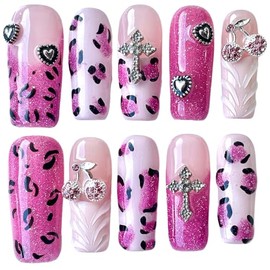 Handmade Press On Nails Pink Leopard Print Design Medium/Long Square Cherry Charms, Glitter Ombre Artificial Acrylic Thick False Nails (Sparkle, M)