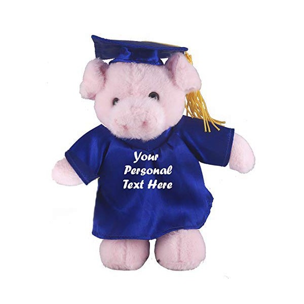Plushland Plush Stuffed Animal Toys 12 Inches Present Gifts for Graduation Day, Personalized Text, Name or Your School Logo on Gown, Best for Any Grad School Kids (Graduation Pig Blue Gown)