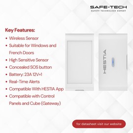 HESTIA Vibration Sensor for Windows and Doors, WiFi Wireless Door Alarm System with Alexa Google Home, SAFE-TECH HS-01-SSR