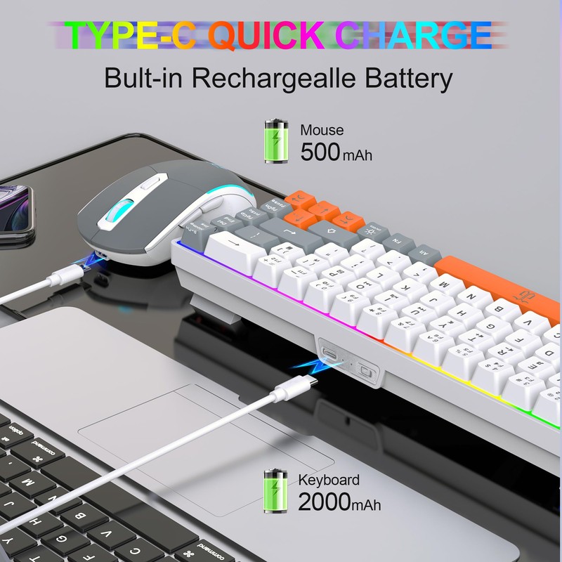 Snpurdiri 60% Wireless Gaming Keyboard and Mouse Combo,Rainbow Backlit Rechargeable
