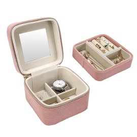 Fijxzct Travel Jewelry Case with Mirror – Small Portable Organizer for Rings, Earrings & Necklaces, Velvet Jewelry Box for Women and Girls – Compact Storage Case for Travel and Home Use (Pink)
