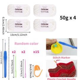 FALSKT Chunky Yarn for Crochet Soft Cotton Yarn 4x50g Easy Crochet Yarn for Beginners White Thick Wool for Knitting Crafts Amigurumi with Crochet Hook Plastic Needles Stitch Markers