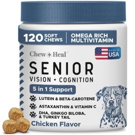 Chew + Heal Labs Senior Dog Vision and Cognition Chews - 120 Soft Chews for Dog Eye Care and Memory - 7-in-1 Multivitamin with Omega Fatty Acids, Vitamins, and Botanicals - Made in The USA