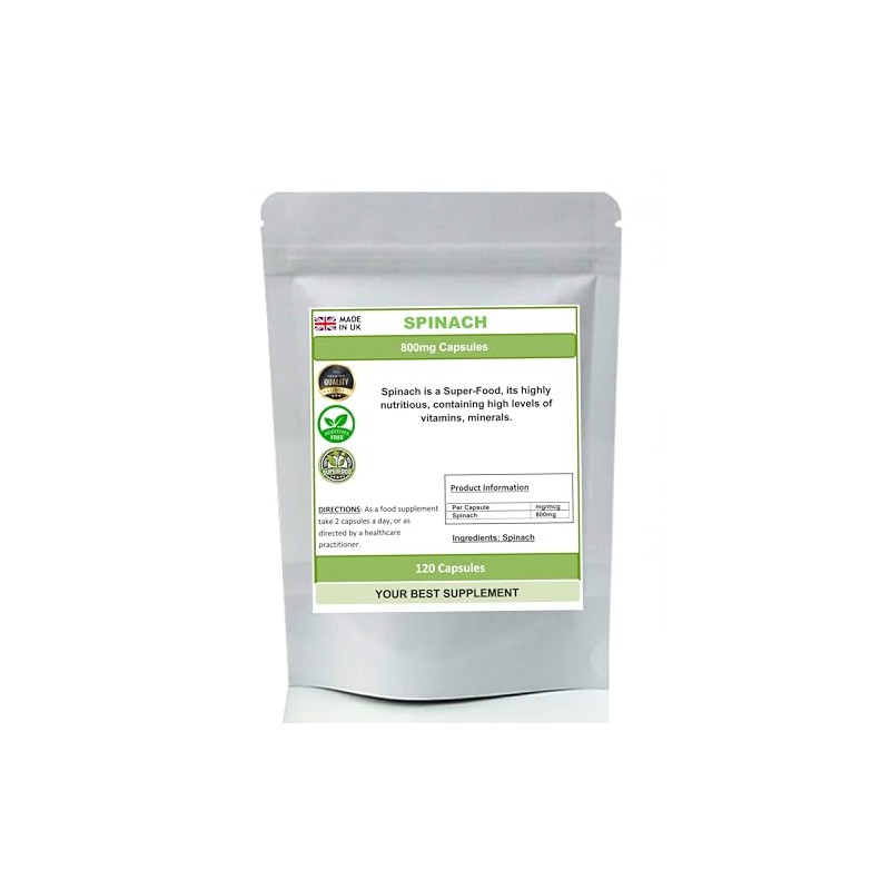 Spinach 800mg Capsules 100% Pure High Strength Super-Food(NoFiller No Additive)