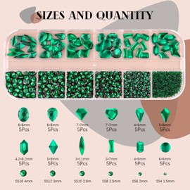 2060Pcs Emerald Green Glass Nail Rhinestones 60Pcs Multi Shapes Flatback Nail Gems + 2000Pcs 1.5-4mm Round Crystal with Rhinestones Glue Gel, Manicure Nail Charms Diamond Gemstone for Nail Art
