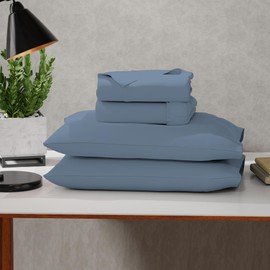 King Bluish Gray 100% Cotton Sheet Set, Lightweight & Breathable, 4Pc Cool & Crisp Percale Bedding Set with Deep Pocket (1 Flat Sheet, 1 Fitted Sheet, 2 Pillowcases)