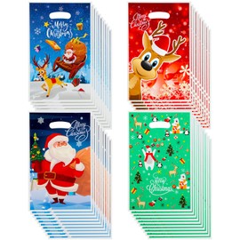 Outus Christmas Plastic Bags Christmas Candy Bags Party Favor Bags Snowman Moose Christmas Tree Bags for Christmas Party Favor (Lovely Style, 80 Pcs)