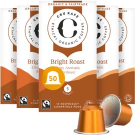 Cru Kafe Bright Roast USDA Organic Espresso Coffee Capsules (50 Pods) Fairtrade Coffee Pods Compatible with Nespresso Original Line and Pixie Machines