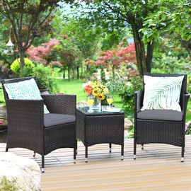 KOTEK 3 Piece Patio Furniture Set, Outdoor Wicker Conversation Set w/Glass Top Coffee Table, Thick Cushions, Rattan Bistro Set for Patio, Garden, Porch, Lawn (Grey)