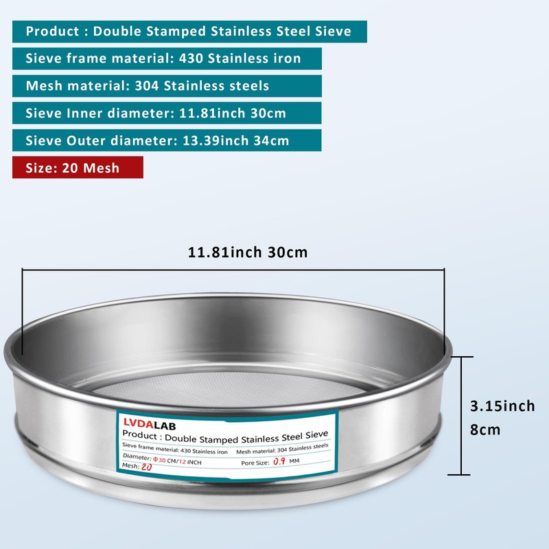 LVDALAB 304 Stainless Steel Lab Sieve Screen Mesh, 20 Mesh