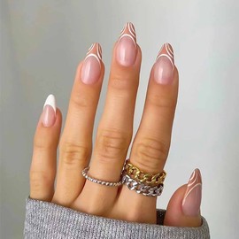 RikView White Press on Nails Medium French Fake Nails Almond Acrylic Nails Glossy Stick on Nails Full Cover Nails