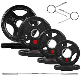 Fitvids Olympic Cast Iron 2-Inch Weight Plates Including 5FT Olympic Barbell Bar & Safely Locks, 100 Pounds Set (85 Lbs Plates + 15 Lbs Barbell Bar), Multiple Packages