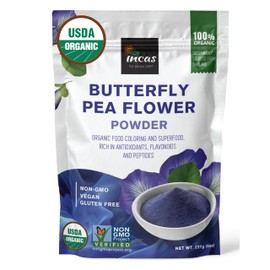 INCAS 100% USDA Organic Butterfly Pea Flower Powder - 8 Ounce | Organic Blue Matcha Tea | Non-GMO Verified Extract from Thailand | Adaptogenic Raw Culinary | Vegan Blue Food Coloring
