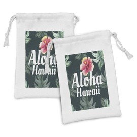 Lunarable Hawaiian Fabric Pouch Set of 2, Monstera Leaf Exotic Flourish Greenery Watercolor Effect, Small Drawstring Bag for Toiletries Masks and Favors, 9" x 6", Hunter Green Pale Yellow