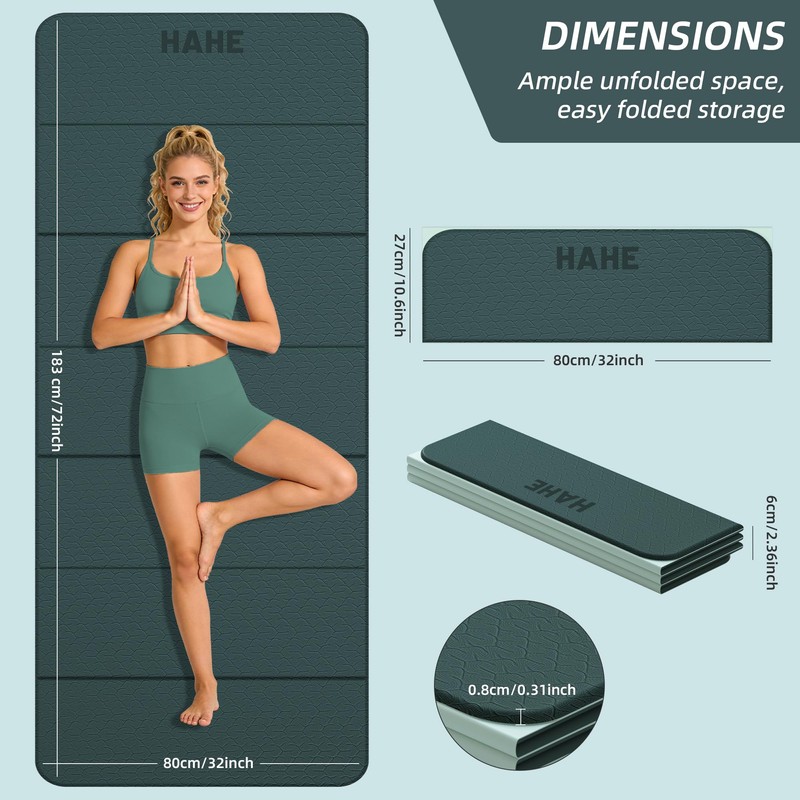 HAHE Foldable Yoga Exercise Mat, 74"Lx32"Wx1/3"Thick, TPE Workout Mat