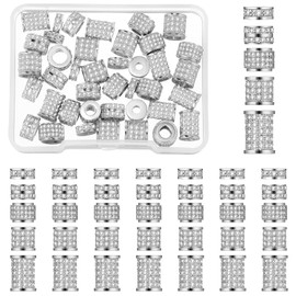 Yinkin 40 Pieces Zircon Rhinestone Beads Tube Column Pave Bead Charms Cubic Zirconia Big Hole Spacer Jewelry Bracelet Connector Crystal for DIY(Silver)