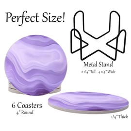 Purple Agate Marble Round Coasters Set of 6 - Abosrbent Ceramic Coasters with Metal Stand for Drinks, Coffee, Non-Slip Cork Back for Tabletop Protection, 4 Inches Marbled Pattern (Light Purple)