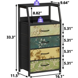 Furnulem Retro 4 Drawers Dresser for Bedroom, Night Stand Vertical Storage Tower Fabric Dresser, Entryway, Nursery, Closet Organizer, Nightstand Bedside Table Side Furniture, Steel Frame, Wood Top