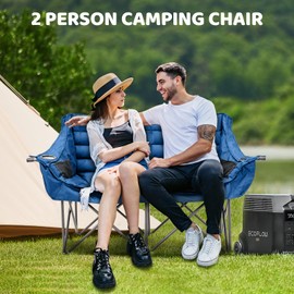Double Camping Chair for Adults, 2 Person Loveseat Camping Chair with Cup & Wine Glass Holder, Portable Padded Double Folding Lawn Chair for Outdoor Camp Picnic Sports, Support 600LBS (Blue)