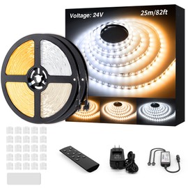 Ustarus White LED Strip Lights 82ft 24V Dimmable 3000K-6000K LED Tape Rope Light with Remote Flexible 2835 LED Ribbon for Kitchen Under Cabinet Mirror Room Indoor Home Daylight Warm White