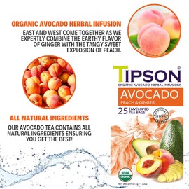 Tipson Avocado Peach and Ginger | Caffeine Free | All Natural Ingredients | USDA Organic | 25 Enveloped Tea Bags