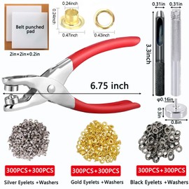 Eyelet Grommet Tool Kit, 1805 Pieces, 1/4 Inch Gold Silver Black Eyelets with Washers, Installation Tools, Pliers, Hole Punch and Punched Pad for Leather, Belt, Shoes, Crafts