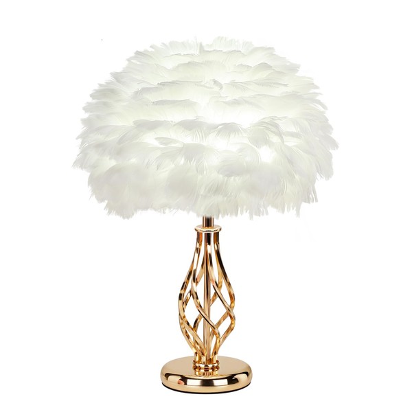 LINCWONZ Feather Table Lamp with Unique Golden Spiral Cage Base
