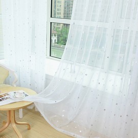 WPKIRA Lace Curtains, Non-See-through, UV Protection, Sheer Curtains, Stylish, Naturally, Ventilation, Semi-Light Blocking, Windows, Rooms, Bedrooms, Silver Stars, Doors, Children's Curtains, Washable, Set of 2 (Width 39.4 inches (100 cm) x Length 42.5 i