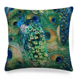 ZFENGYYUAN Linen Peacock Procession Cushion Cover Bright Modern Blue & Green Peacock Feathers Backed With A Plain beige linen 17x17 Square Cushion Cover Only home decor sofa car office bedding