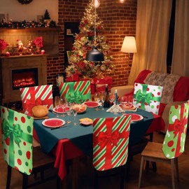 FuWeave 6 Pcs Lime Green Red Christmas Chair Covers Polka Dot Stripe Christmas Chair Back Covers Xmas Chair Protector Slipcovers Washable Winter Dining Room Seat Covers for Home Hotel Kitchen Decor