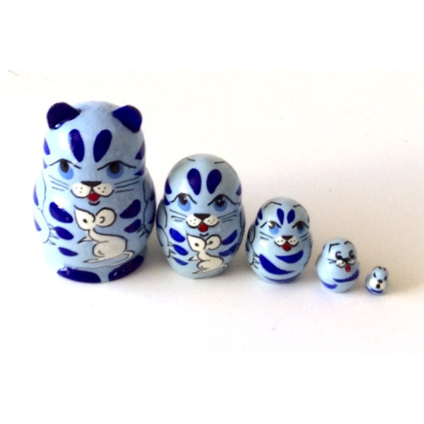 1.25" Tall Blue Cat with Mouse Mini Nesting Dolls Russian