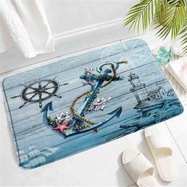 Nautical Anchor Bath MatMarine Lighthouse Ship Coastal Ocean Beach Wheel Compass Blue Wood Plank Men Rugs Non-Slip Bathroom Mat Rug Bath Mats Home Kitchen Door Floor Mat Carpet30x18Inch
