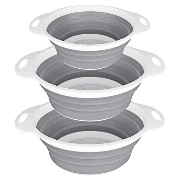 QiMH Collapsible Colander and Strainer Set of 3-2 PC 4 Quart(1 gal) and 1 PC 2 Quart(0.5 gal) - BPA Free & Dishwasher-safe Silicone Kitchen Foldable Strainer for Pasta, Veggies