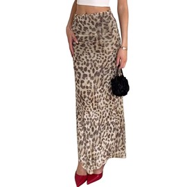 Skirts for Women Long Summer Leopard Cheetah Print High Waisted Aline Y2K Cute Party Club Ladies Skirt XS Brown