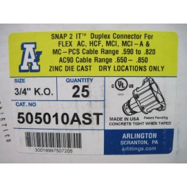 Arlington 505010AST Insulated 3/4 in KO Snap-2-IT Duplex Connector **BOX OF 25**